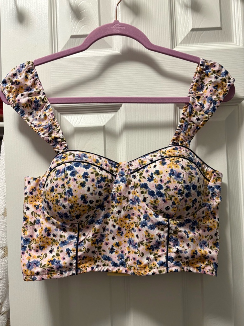 Floral Sweetheart Crop Top in Pink with Blue and Yellow Print